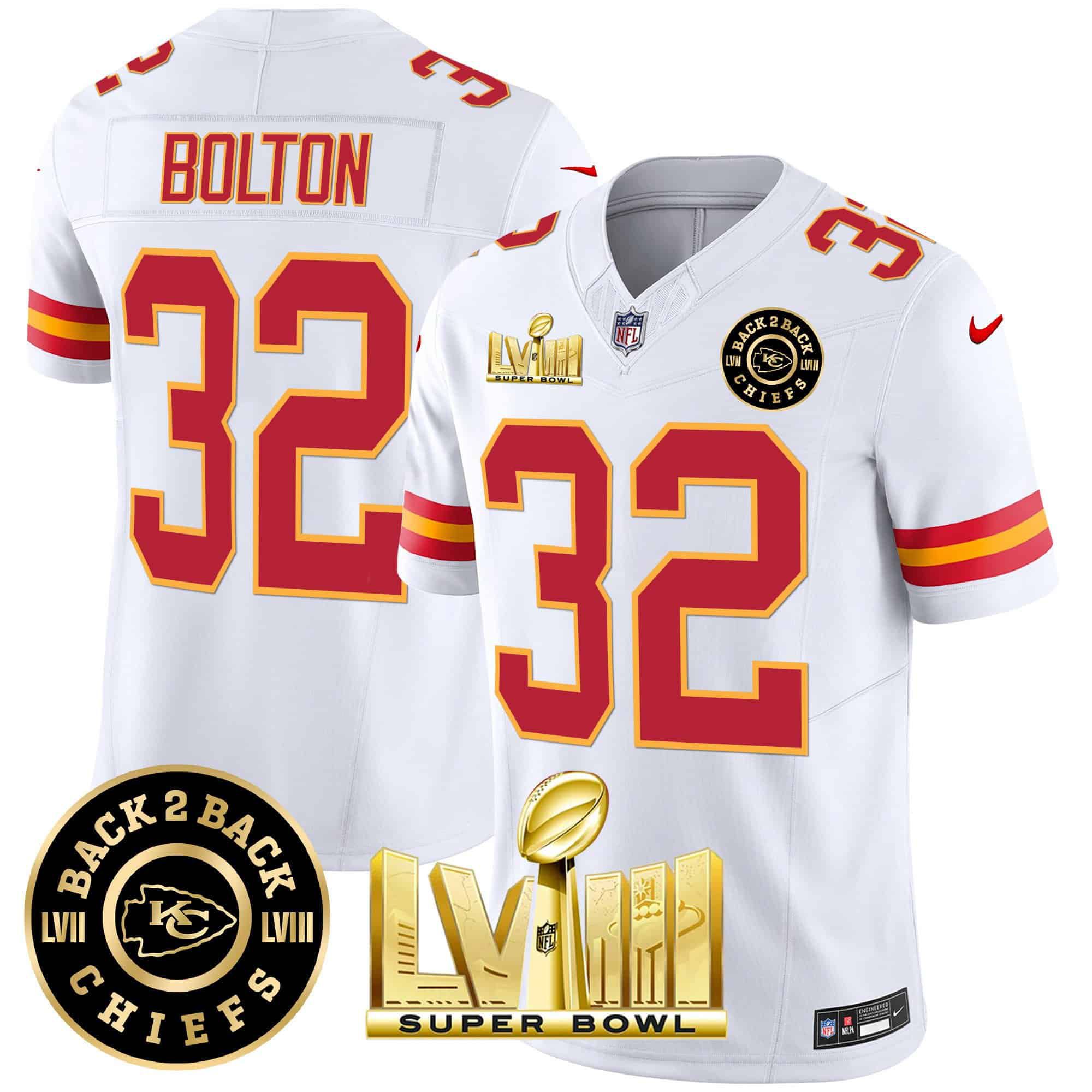 Men Kansas City Chiefs 32 Bolton White 2024 Nike Super Bowl LVIII & Back 2 Back Patch Vapor NFL Jersey